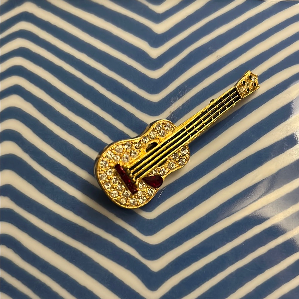 Vintage Ora Guitar Faux Gold/ Rhinestone Statement Pin